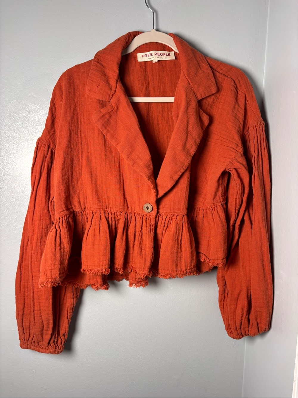 Free People Lyra Tiered Bed Jacket Rust Orange Crinkle Gauze Cropped Blazer